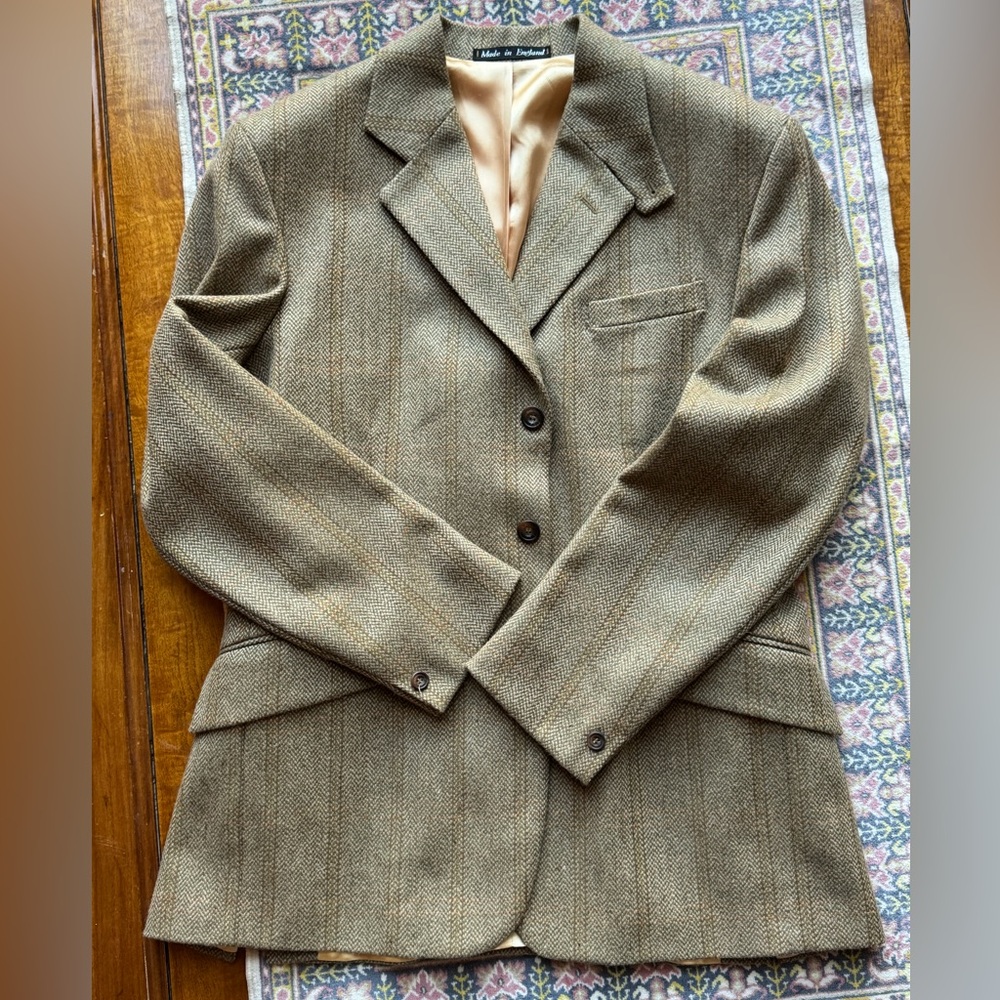 Lambourne Made in England Wool Tweed Sport Coat Khaki Overcheck 40R Fits 42R